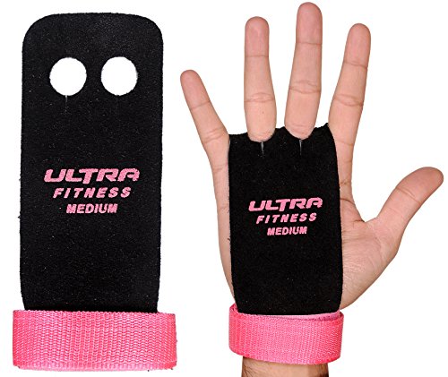 ULTRA FITNESS Pair of gymnastics gloves textured leather for the palms of the hands, Black & Pink, Medium