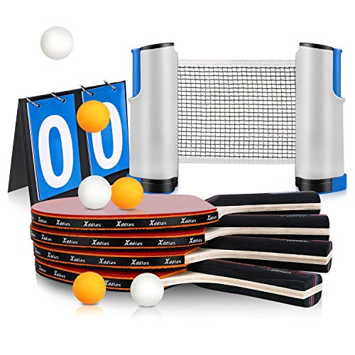 Xddias Raquette de Ping Pong Set, 4 Raquette de Tennis de Table + Rétractable Filet de Table Tennis + Carte de Pointage +8 Balle, Set de Tennis de Table pour Débutants et Joueurs Avancés