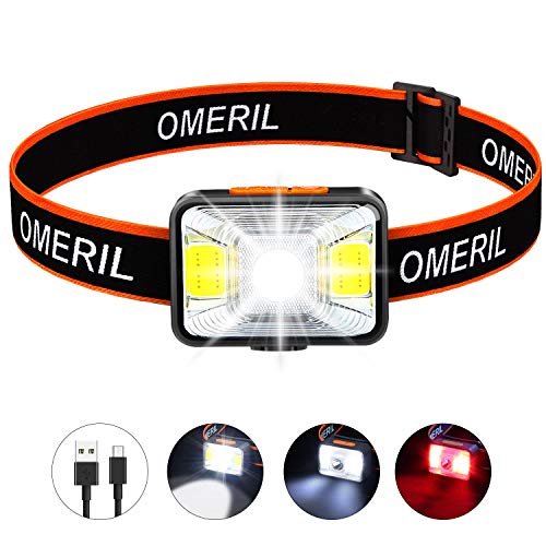 OMERIL Lampe Frontale LED USB Rechargeable avec 200 Lumens 5 Modes D'éclairage Lumière Blanche et Rouge, Torch Frontale Puissante Etanche IPX5 pour Pêche, Camping, Lecture, Randonnée, Cyclisme