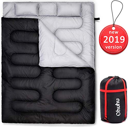 Ohuhu Double Sac de Couchage OhuDouble Sac de Couchage, Nior avec 2 oreillers et Un Sac de Transport pour Camping, Randonnée Pédestre