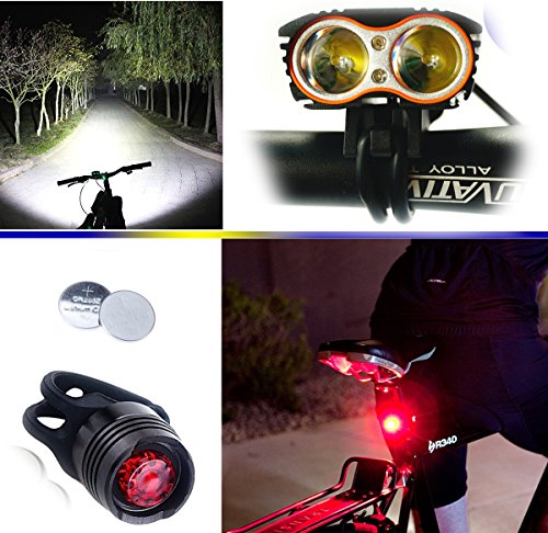 E-FUN Lampe Frontale LED Phare Lampe Torche Avant Vélo, 4 Modes De Luminosité, 5000lm, Phare Lampe Bicyclette Et Feu Arrière, pour VTT VTC Cycliste Camping Loisir & LED Phare arrière Velo