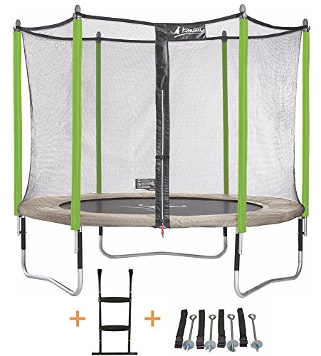 Kangui - Trampoline de Jardin 305 cm + Filet de sécurité + échelle + kit d'ancrage JUMPI Zen 300