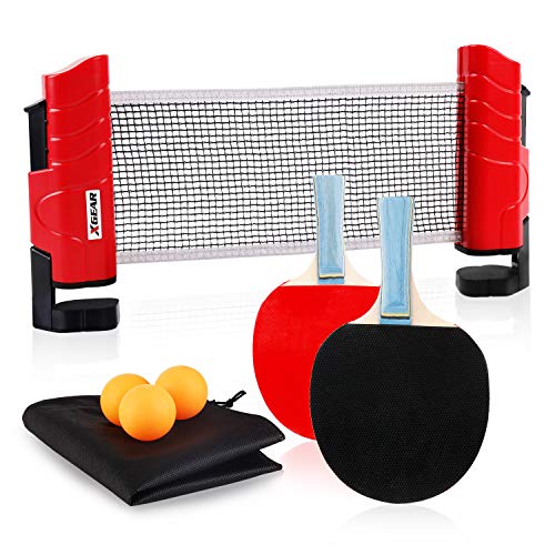 XGEAR Set de Tennis de Table,2 Raquette Ping Pong De Peuplier,3 Balle, 1 Sac,1 Filet Réglable, Filet de Voyage Portable, Accessoires pour Intérieur et Extérieur pour Tous Les Ages (Rouge)