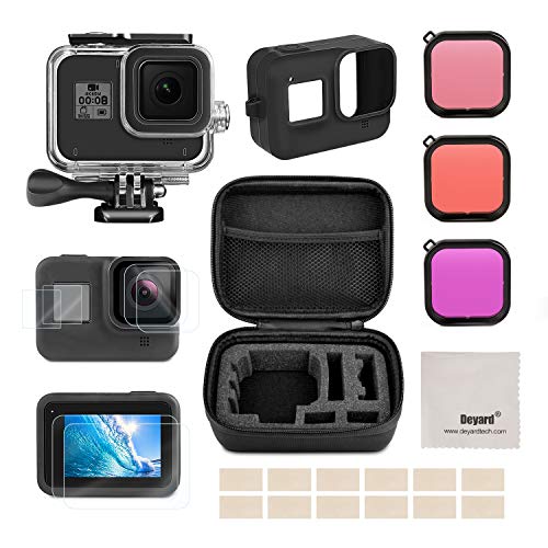 Deyard Kit d'Accessoires pour GoPro Hero 8 avec Petite Coque Antichoc + Etui Etanche + Protecteur d'Ecran en Verre Trempé + Couverture en Silicone + Lot d'Inserts Antibuée pour GoPro Hero 8 Noir