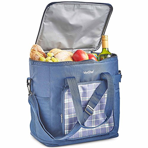 VonShef Glacière Souple Isotherme 30L - Grand Sac de Pique-Nique avec Doublure à Isolation Thermique - Tartan écossais Bleu