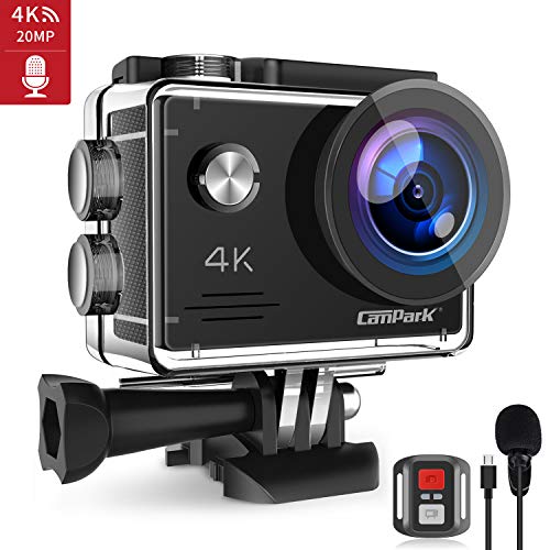 Campark Caméra Sport 4K 20MP WiFi Appareil Photo Microphone Externe Caméscope Étanche 40M Anti-Shake Télécommande avec 2 Batteries Rechargeables 1050mAh et Kits d'Accessoires