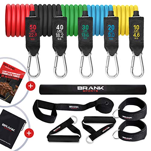 BRANK Sports Elastique de sport musculation avec poignées 5 à 68kg de résistance ajustable | Kit complet de bandes elastiques musculation de 13 accessoires + Ebook d'entraînement offert à télécharger