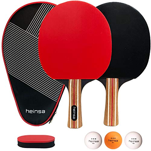 heinsa Raquette de Ping Pong Professionnel Set, 2 Raquette de Tennis de Table avec étui + 3 Balle