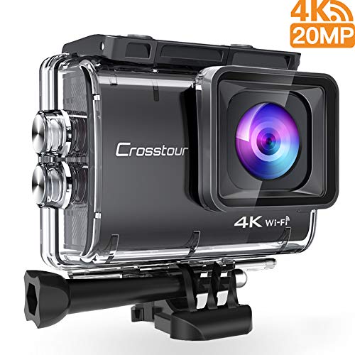 Crosstour Caméra Sport 4K 20MP Appareil Photo WiFi Caméscope Étanche 40M Anti-Shake Time-Lapse avec 2 Batteries Rechargeables 1350mAh Plus Un USB Chargeur et Kit d'accessoires