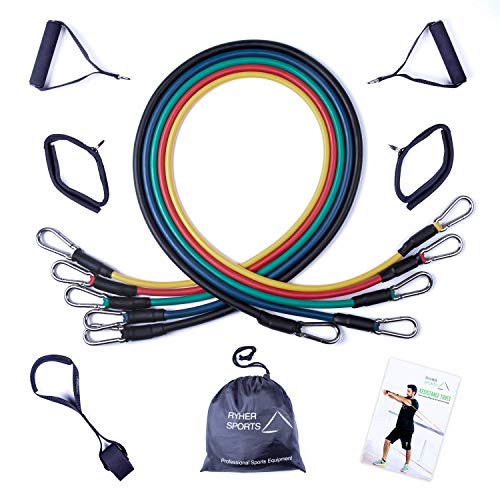 Ryher Tubes Élastiques Fitness et Exercices avec Poids aux Chevilles – kit de 5 Élastiques de Musculation avec Anses, Sangles de Chevilles, Fixation pour Portes – Crossfit, Poids et Musculation