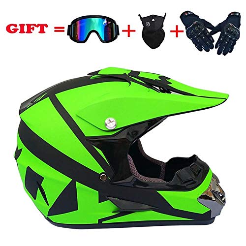 MIBDF Casque Adulte de Motocross de Vitesse, Hommes, Casque de Motocross Moto Cross DH VTT Tout-Terrain VTT BMX Downhill Motocross, Masque avec Gants (Verde Negro, M)