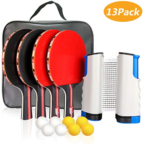 Xddias Raquette de Ping Pong Professionnel Set, 4 Raquette de Tennis de Table + Rétractable Filet de Table Tennis + 8 Balle, Portable Ping-Pong Accessoire pour Les Jeux Professionnels et Récréatifs