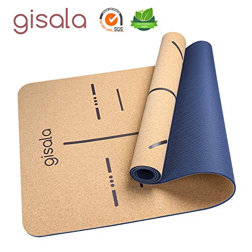 gisala Tapis de Yoga en Bois de Liège, Tapis de Sport Écologique Matériaux 100% Recyclables, Tapis Yoga Antidérapant et Anti-Transpiration, Tapis Sport Portable, Haute Densité 183x65x0.6cm(Bleu)