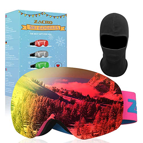 Zacro Ensemble de Lunettes de Ski,UV400 et Anti-Brouillard à Double Enduit,Conception OTG, Vrai Revo Lunettes,Convient pour Le Ski,Le Snowboard,l'escalade sur Glace, Le Ski Alpin,(Rouge)