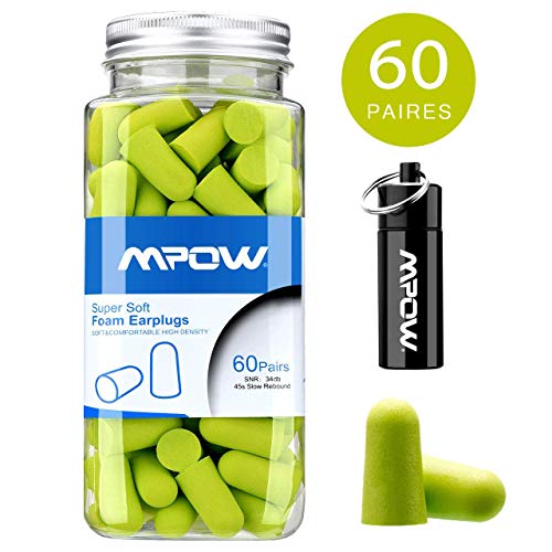 Mpow 60 Paires de Bouchons d'oreilles Anti-Bruit en Mousse, Bouchon d'oreille de Mousse Antibruit, Protection Auditive, Réduire Bruit pour Travail/Étude/Sommeil/Chantier/en Avion, NRR 34dB/SNR 38dB