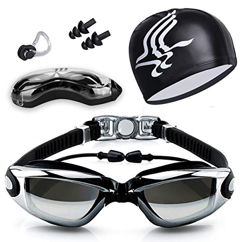 Yigou Lunettes de Natation, Lunettes de Natation Anti-UV et Anti-buée, et Libre Pince-Nez, Bonnet de Bain, des Bouchons d'oreille, pour Hommes et Femmes Adultes, Jeunes et Enfants (Noir)