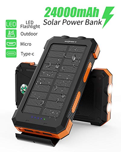 X-DRAGON Solar Power Bank 24000mAh Caricabatterie Solare Portatile Impermeabile Con Doppio Ingresso (USB C e Micro) per iPhone, Huawei, Samsung, Telefoni Cellulari, Esterno, Campeggio