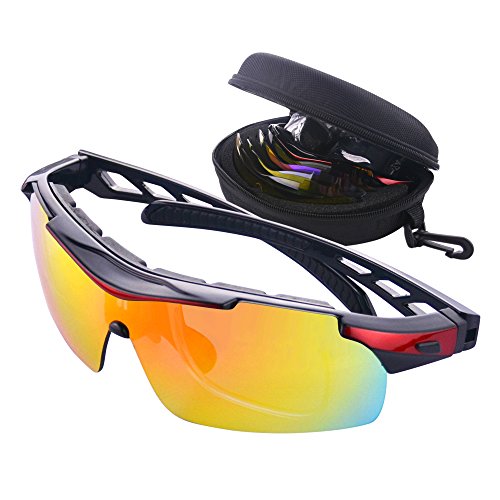 MATT SAGA Lunettes de Cyclisme VTT avec 5 Lentilles Interchangeables Lunettes de Vélo Soleil Polarisées Sports pour Hommes Femmes Cyclisme Moto Ski Pêche Golf Baseball Course (Rouge)